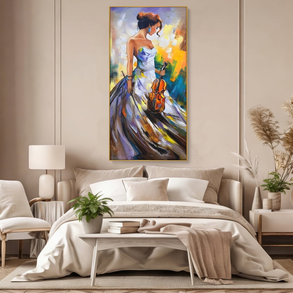Tablou canvas cu tablou canvas cu femeie si vioara, in rama de aluminiu auriu, pe perete intr-un dormitor